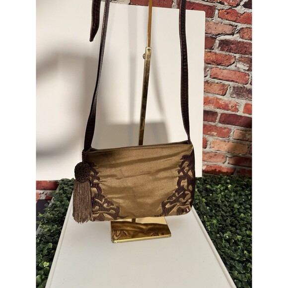 Sharif Made in USA Olive Satin Green & Brown Tassel  Bag Crossbody Purse long - Picture 3 of 10